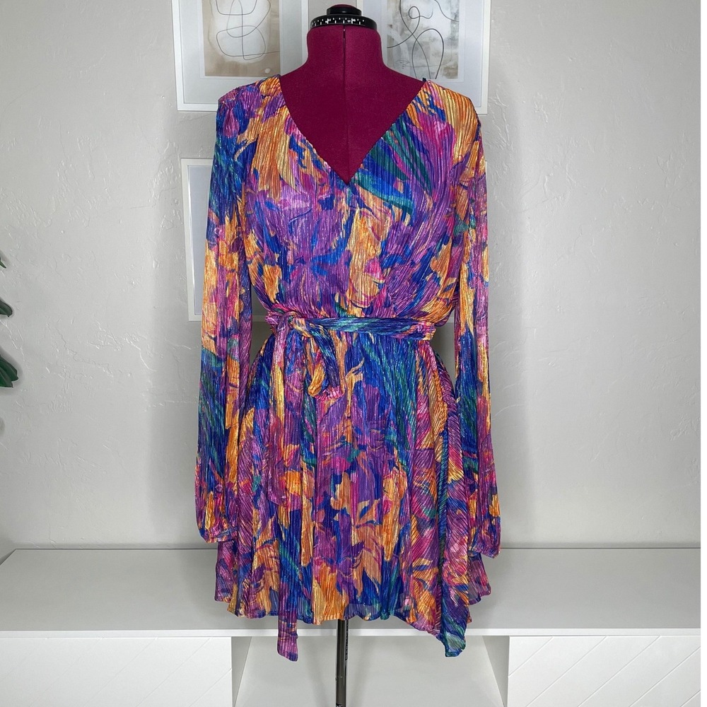 Baltic Born Rev Mini Dress Womens 2XL Blue Multi Metallic Pleated Long Sleeve